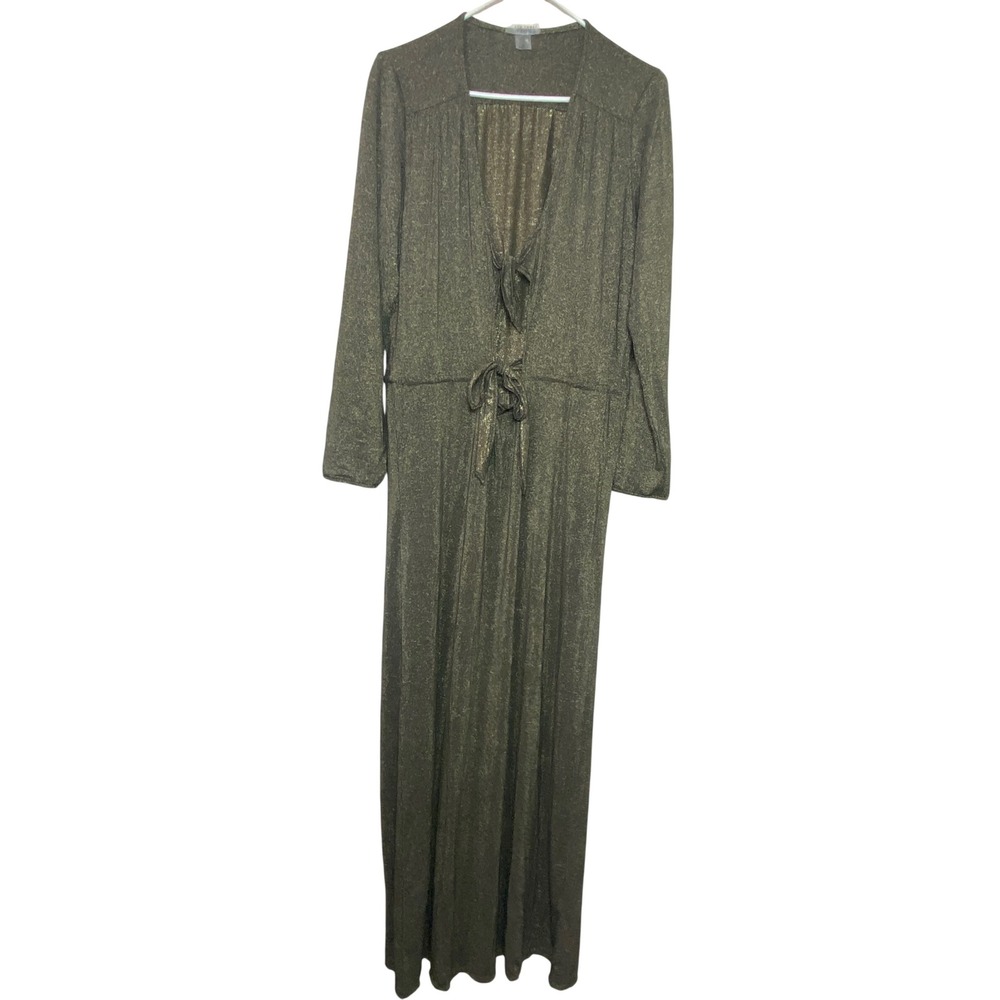 JYORK THE LABEL Metallic Gold Olive Tie Front Maxi Dress Pockets M/L USA - Picture 2 of 11